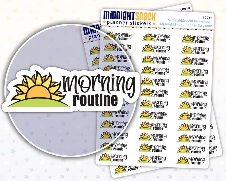 May include: A sheet of planner stickers with a yellow sun rising over a green hill. The stickers say "Morning Routine" in black text. There are 36 stickers in total.