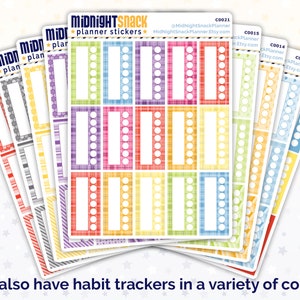 May include: A set of colorful planner stickers with different patterns and designs. The stickers feature a variety of colors, including red, orange, yellow, green, blue, and purple. The stickers are designed to help you organize your planner and keep track of your schedule.