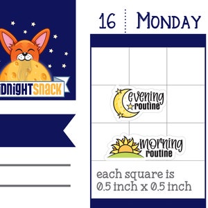 May include: A blue and white planner page with the text "16 MONDAY 17" at the top. The page is divided into squares, each measuring 0.5 inches by 0.5 inches. There are two stickers on the page, one with a yellow moon and the text "evening routine" and the other with a yellow sun and the text "morning routine".