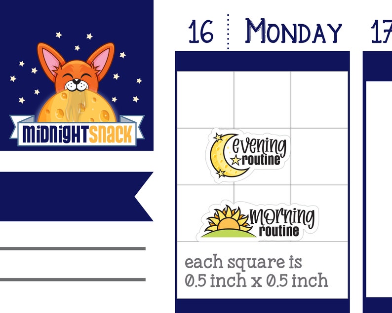 May include: A blue and white planner page with the text "16 MONDAY 17" at the top. The page is divided into squares, each measuring 0.5 inches by 0.5 inches. There are two stickers on the page, one with a yellow moon and the text "evening routine" and the other with a yellow sun and the text "morning routine".