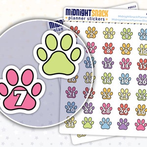 Paw Print Countdown Planner Stickers | Pet Monthly Numbers Icon Stickers | Fur Baby Date Covers