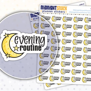 May include: A sheet of planner stickers featuring a crescent moon and stars with the text "evening routine". The stickers are on a light purple background with a white border.