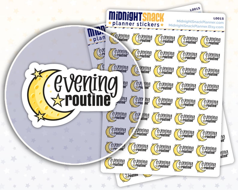 May include: A sheet of planner stickers featuring a crescent moon and stars with the text "evening routine". The stickers are on a light purple background with a white border.