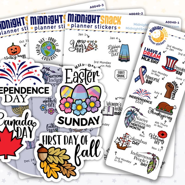 Yearly Holiday and Celebration Planner Stickers | Calendar Icons | Canadian or American Holiday Options
