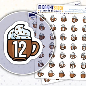 Hot Chocolate Mugs Countdown Planner Stickers | Hot Cocoa and Whipped Cream Icon Stickers | Fall and Winter Date Cover Stickers