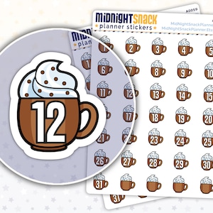 Hot Chocolate Mugs Countdown Planner Stickers | Hot Cocoa and Whipped Cream Icon Stickers | Fall and Winter Date Cover Stickers