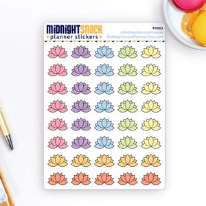 May include: A sheet of planner stickers featuring 24 lotus flower designs in various pastel colours, including pink, purple, blue, green, and yellow. The stickers are arranged in rows of three, with each row featuring a different colour scheme. The text "MIDNIGHT SNACK planner stickers" is at the top of the sheet, along with the social media handle "@MidnightSnackPlanner" and the website "MidnightSnackPlanner.Etsy.com".