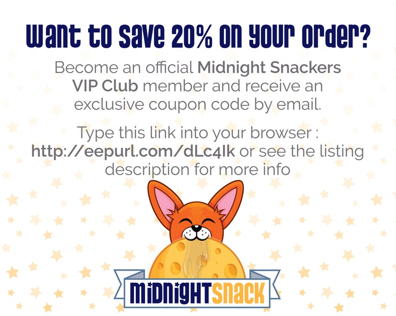 May include: A cartoon fox with orange fur and large ears is biting into a large yellow moon-shaped cookie with the text "MidnightSnack" on it. The background is white with yellow stars.
