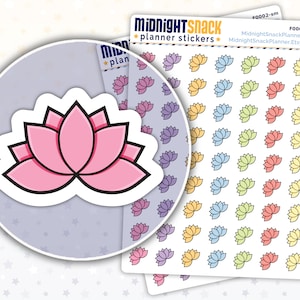 May include: A sheet of planner stickers featuring a pink lotus flower design. The stickers are arranged in rows of 10, with each row featuring a different colour: purple, yellow, blue, green, and pink. The stickers are perfect for adding a touch of whimsy to your planner.