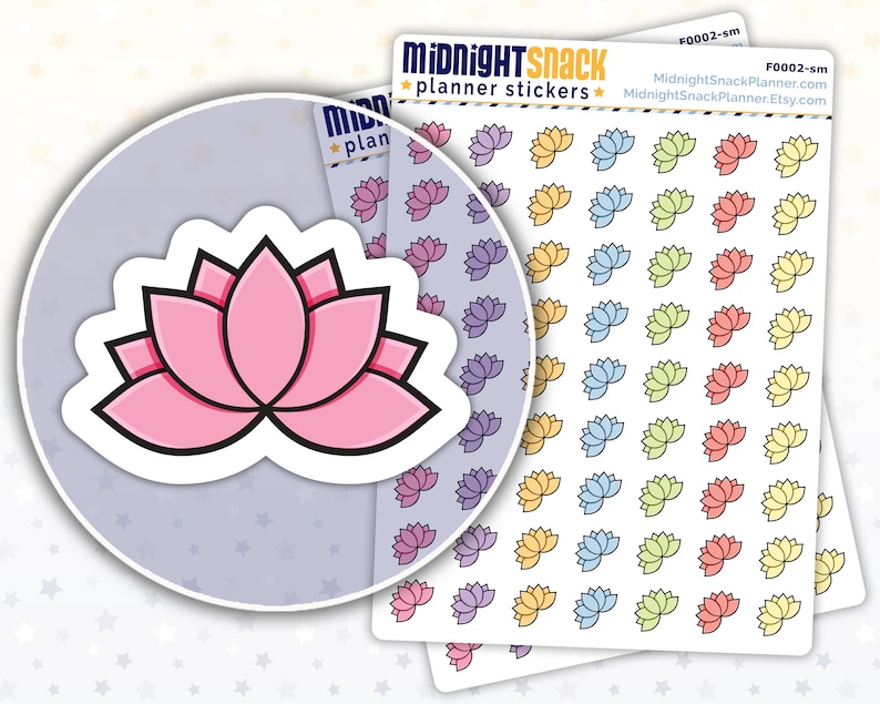 May include: A sheet of planner stickers featuring a pink lotus flower design. The stickers are arranged in rows of 10, with each row featuring a different colour: purple, yellow, blue, green, and pink. The stickers are perfect for adding a touch of whimsy to your planner.