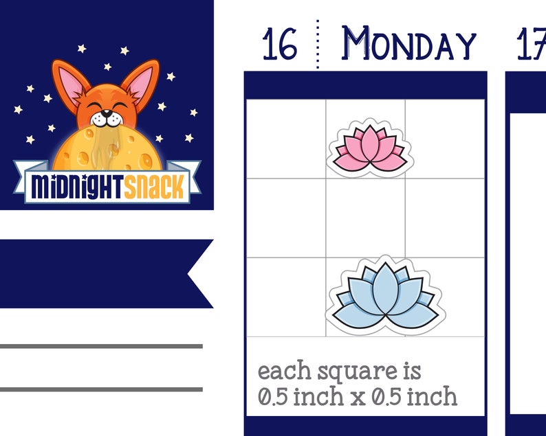 May include: A planner page with a grid of 0.5 inch squares. The grid is divided into two sections, one labelled "16 MONDAY" and the other labelled "17". There are two pink and blue lotus flower stickers on the grid.