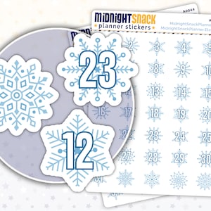 Snowflake Countdown Planner Stickers | Snow Monthly Numbers Icon Stickers | Winter Weather Date Covers