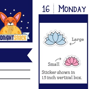 May include: A blue and pink lotus flower sticker design in two sizes. The larger sticker is 1.5 inches tall and the smaller sticker is 1.5 inches tall. The text "Large" and "Small" are shown next to each sticker.