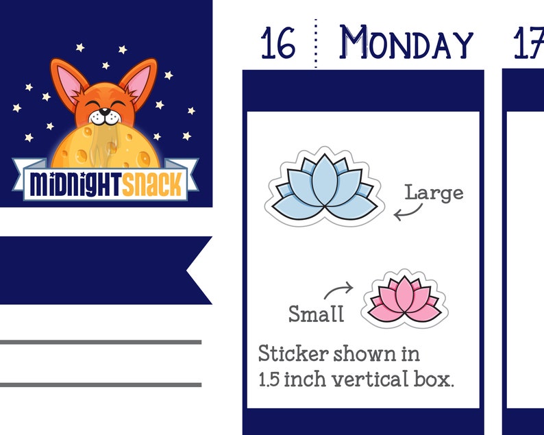 May include: A blue and pink lotus flower sticker design in two sizes. The larger sticker is 1.5 inches tall and the smaller sticker is 1.5 inches tall. The text "Large" and "Small" are shown next to each sticker.
