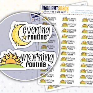 May include: A sheet of planner stickers with a yellow moon and stars for an evening routine and a yellow sun for a morning routine. The stickers say "evening routine" and "morning routine".