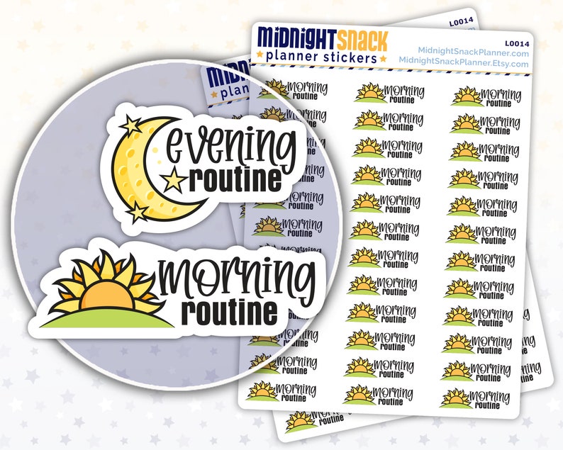 May include: A sheet of planner stickers with a yellow moon and stars for an evening routine and a yellow sun for a morning routine. The stickers say "evening routine" and "morning routine".