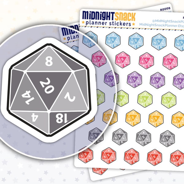 20-Sided Dice Planner Stickers | D20 DnD Icon Stickers | Dungeons and Dragons Polyhedral Dice Stickers