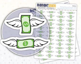 May include: A sheet of planner stickers featuring a green dollar bill with wings. The sticker sheet has the text "MidnightSnack planner stickers" and "M0002 MidnightSnackPlanner.Etsy.com".