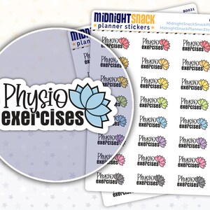 K&ouml;nnte beinhalten: Eine Planer-Sticker-Tabelle mit einem Lotusbl&uuml;ten-Design und dem Text "Physio exercises" in Schwarz. Die Sticker sind in verschiedenen Farben, darunter Pink, Blau, Gelb, Gr&uuml;n und Grau.