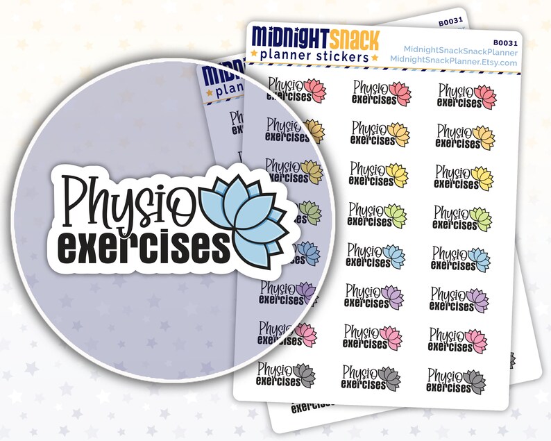 K&ouml;nnte beinhalten: Eine Planer-Sticker-Tabelle mit einem Lotusbl&uuml;ten-Design und dem Text "Physio exercises" in Schwarz. Die Sticker sind in verschiedenen Farben, darunter Pink, Blau, Gelb, Gr&uuml;n und Grau.