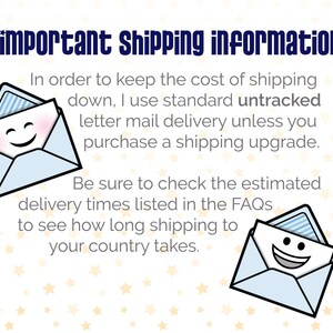 May include: Illustration of two blue envelopes with smiling faces. The text reads "important Shipping information" and explains that standard untracked letter mail delivery is used unless a shipping upgrade is purchased. It also encourages buyers to check the estimated delivery times listed in the FAQs.