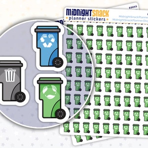 May include: A sheet of planner stickers featuring a repeating pattern of green recycling bins with white recycling symbols and black wheels. There are also two larger stickers, one of a grey trash can with a black lid and a black trash can icon, and one of a blue recycling bin with a white recycling symbol and black wheels.