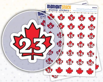 May include: A sheet of 31 red and white Canadian maple leaf stickers with numbers 1 through 31. The stickers are ideal for planners, journals, and calendars.