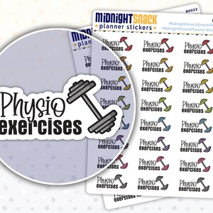 K&ouml;nnte beinhalten: Ein Blatt mit bunten Planer-Stickern, die eine Hantel mit dem Text "Physio exercises" zeigen, der mehrmals wiederholt wird. Die Sticker sind f&uuml;r die Verwendung in einem Planer oder Tagebuch gedacht.