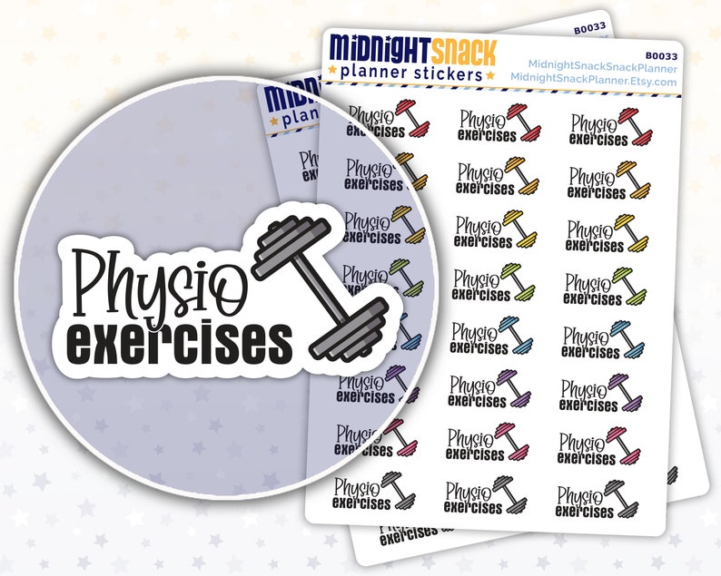 K&ouml;nnte beinhalten: Ein Blatt mit bunten Planer-Stickern, die eine Hantel mit dem Text "Physio exercises" zeigen, der mehrmals wiederholt wird. Die Sticker sind f&uuml;r die Verwendung in einem Planer oder Tagebuch gedacht.