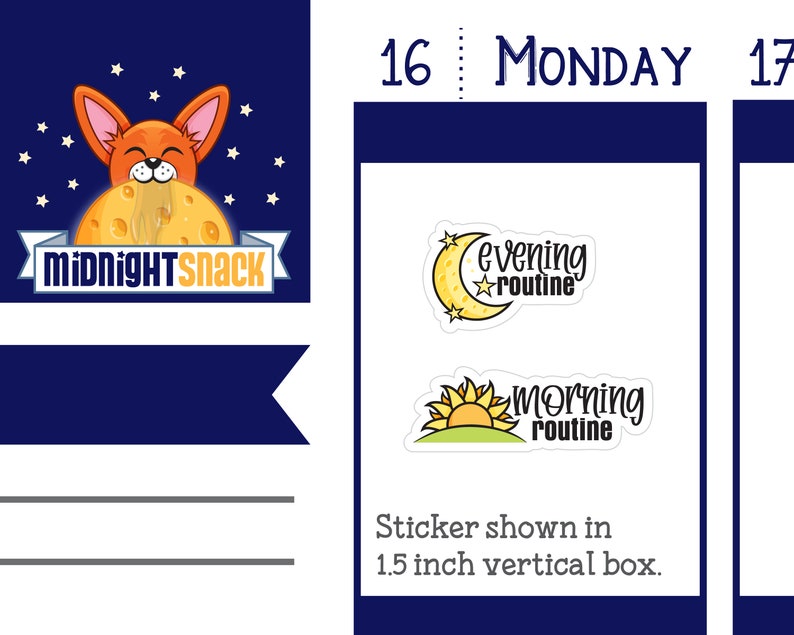 May include: Two stickers with a white background and black outlines. The first sticker features a yellow crescent moon with a star and the text "evening routine". The second sticker features a yellow sun rising over a green hill with the text "morning routine".