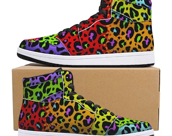 Rainbow Leopard Print High-Top Faux Leather Sneakers - Black