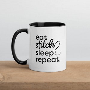 Stitch Repeat 11oz ceramic mug Eat sleep repeat, gift idea for mom, embroiderer present, simple mug design, print on demand sustainable image 2
