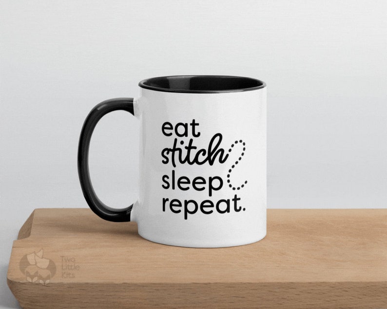 Stitch Repeat 11oz ceramic mug Eat sleep repeat, gift idea for mom, embroiderer present, simple mug design, print on demand sustainable image 2