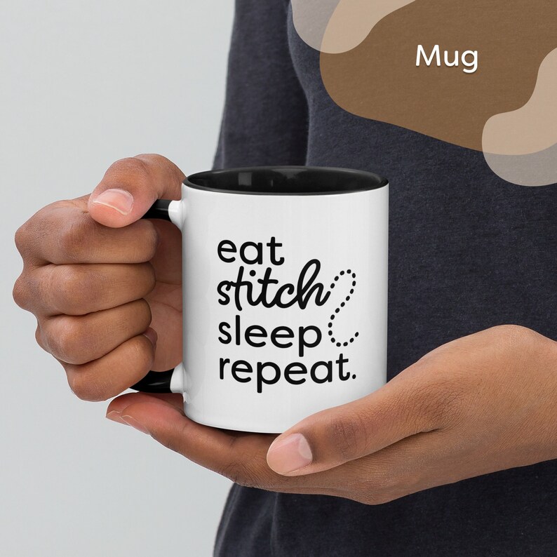 Stitch Repeat 11oz ceramic mug Eat sleep repeat, gift idea for mom, embroiderer present, simple mug design, print on demand sustainable image 1
