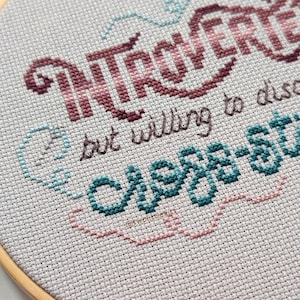 May include: Cross-stitch embroidery in a wooden hoop features the word "INTROVERT" in burgundy and pink, with the text "but willing to discuss" and "chess-stuff" in teal and brown. The design is on a light gray fabric.