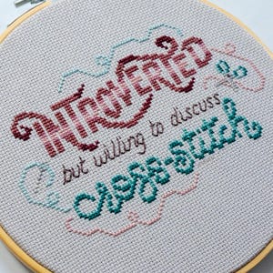 May include: Cross-stitch embroidery in a wooden hoop. The text reads "Introverted but willing to discuss cross-stitch" in burgundy, teal, and light blue thread on a light gray fabric. The design includes decorative swirls.