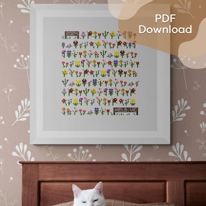 May include: A white framed cross-stitch pattern with a colorful floral design. The pattern includes the year 2021 and the text "MELB. VIC."