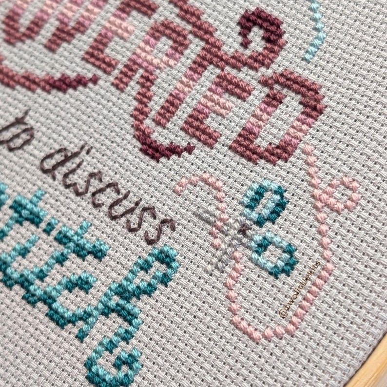 May include: Cross-stitch embroidery on light gray fabric. The text reads "Prepared to discuss feelings" in shades of pink, burgundy, and teal. The needlework is framed in a wooden hoop, showcasing a handmade craft.