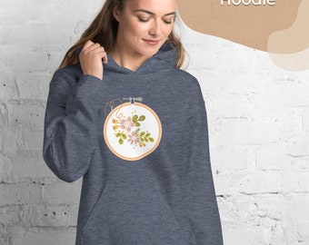 Floral Hoop - Premium Unisex Hoodie // Gift for stitchy friend, embroidery hoop art design, soft, cosy & comfy, everyday wear, premium POD