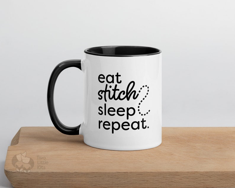 Stitch Repeat 11oz ceramic mug Eat sleep repeat, gift idea for mom, embroiderer present, simple mug design, print on demand sustainable image 4
