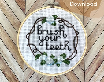 Pattern "Brush Teeth" - Cross Stitch // Daily task reminder, mental health awareness, ADHD friendly wall hanging, Instant Download Print