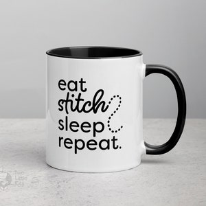 Stitch Repeat 11oz ceramic mug Eat sleep repeat, gift idea for mom, embroiderer present, simple mug design, print on demand sustainable image 3