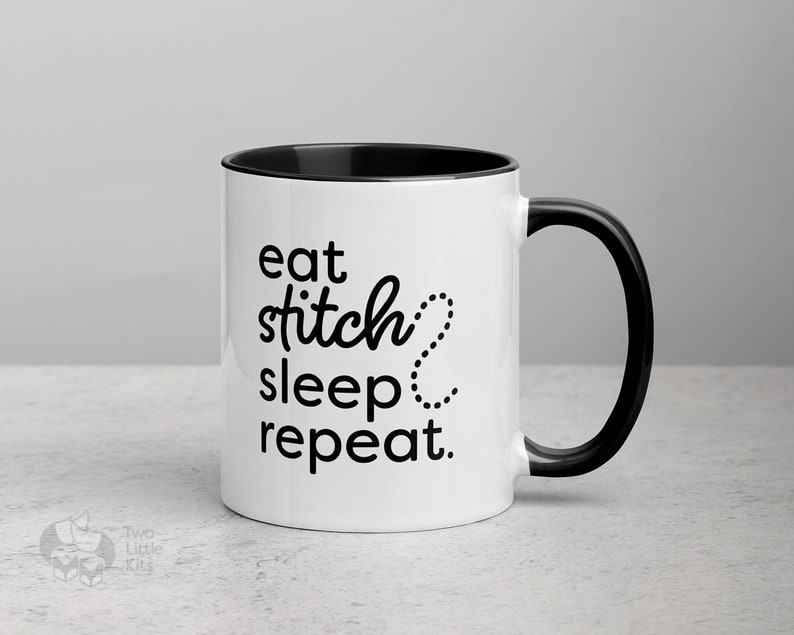 Stitch Repeat 11oz ceramic mug Eat sleep repeat, gift idea for mom, embroiderer present, simple mug design, print on demand sustainable image 3