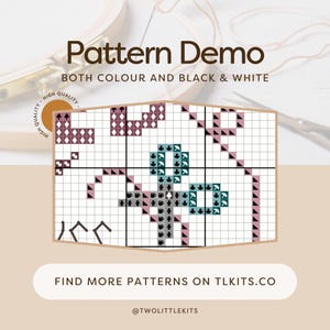 May include: A cross-stitch pattern demo with the text "Pattern Demo Both Colour and Black & White." The pattern features geometric shapes in shades of purple, teal, and black on a white grid. The text "Find more patterns on tlkits.co" is also visible.