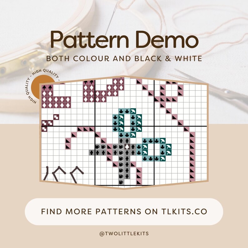 May include: A cross-stitch pattern demo with the text "Pattern Demo Both Colour and Black & White." The pattern features geometric shapes in shades of purple, teal, and black on a white grid. The text "Find more patterns on tlkits.co" is also visible.