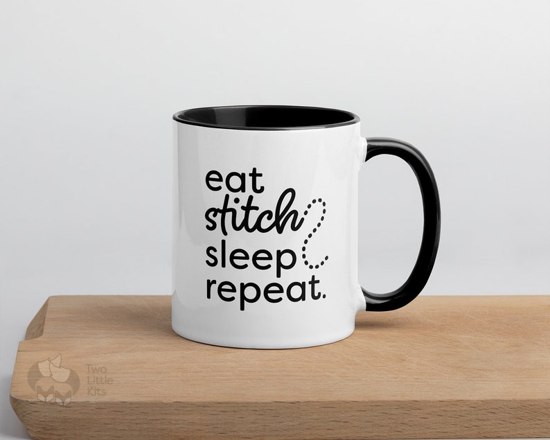 Stitch Repeat 11oz ceramic mug Eat sleep repeat, gift idea for mom, embroiderer present, simple mug design, print on demand sustainable image 6