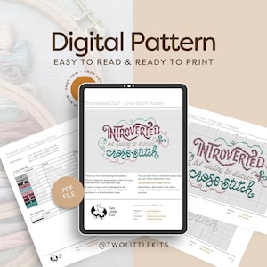 May include: Digital cross-stitch pattern titled "Introverted Club" displayed on a tablet and printed pages. The design features the words "INTROVERTED but willing to discuss cross-stitch" in a whimsical font. Includes a PDF file.