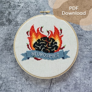 May include: A cross-stitch embroidery hoop with a white background and a black brain on fire with red chili peppers. The text "NEUROSPICY" is on a blue ribbon.