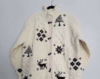 Brand New Never Been Worn Excellent Vintage Condition Handknit Wool Creamy White Cardigan Sweater W/ Brown Reindeer/Elk/Caribou, Snow, Trees
