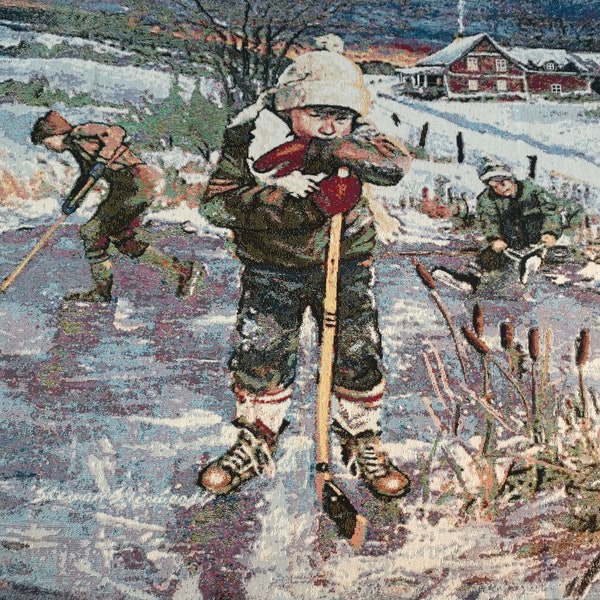 Excellent Condition Vintage Woven Tapestry Blanket Pond Hockey Scene